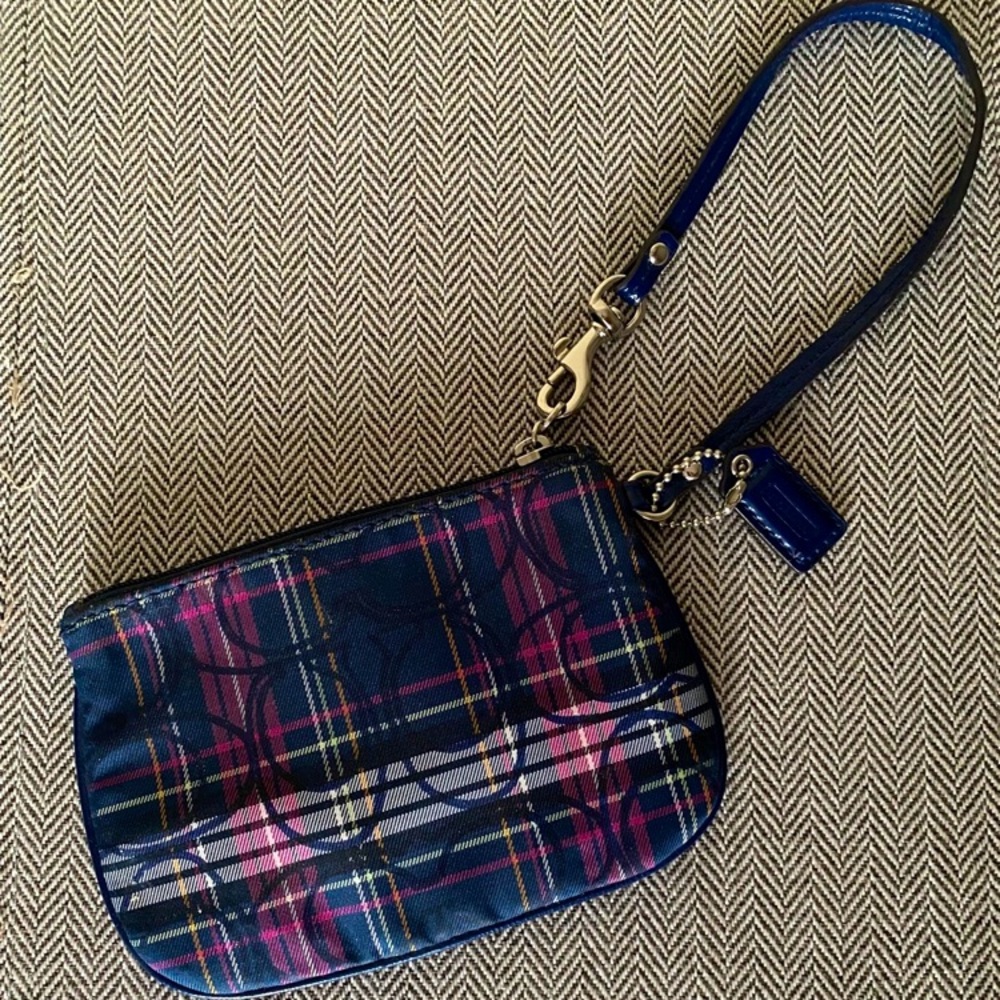Coach Poppy Madras Plaid Logo Print Blue Leather Trim & Zip Closure Wristlet